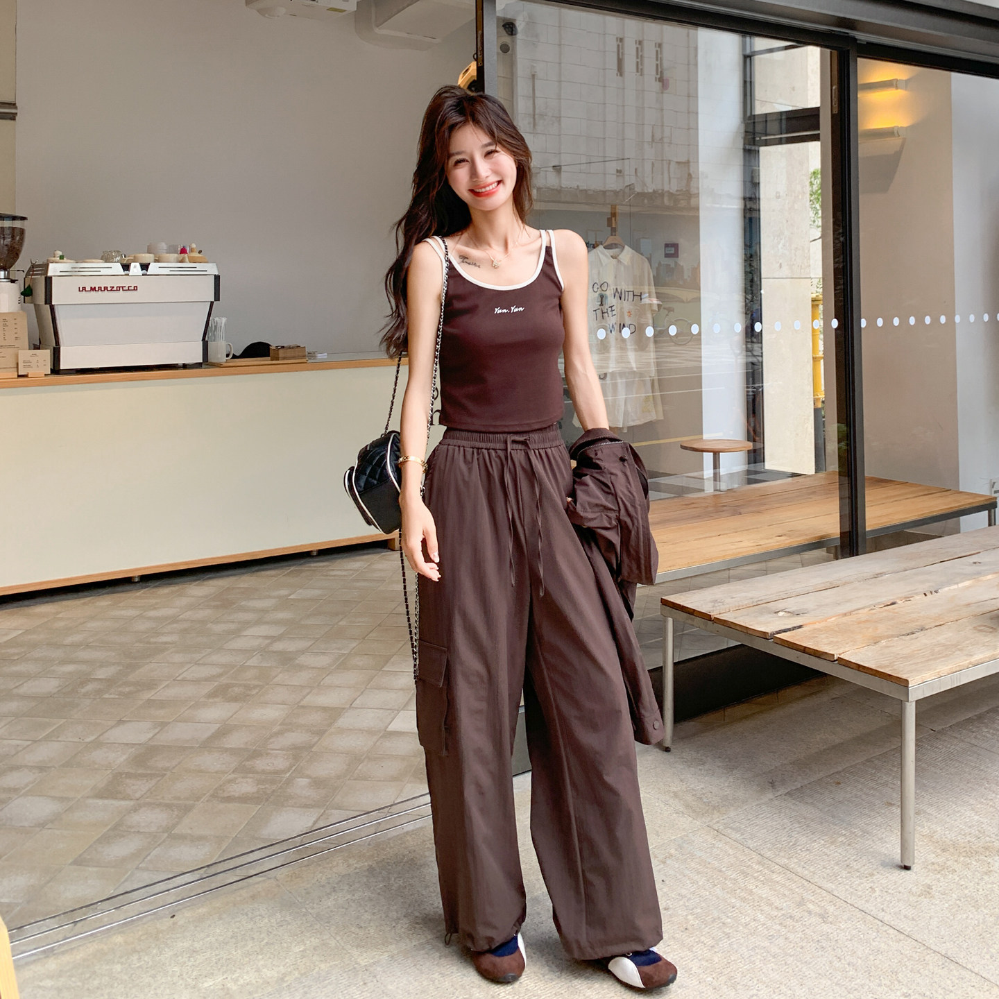 韩系复古休闲工装套装女2025年秋季新款立领外套背心阔腿裤三件套,女装套装/套裙,2C266