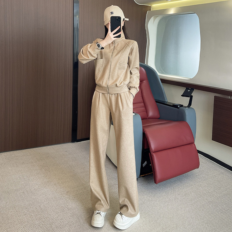 女秋新款修身显瘦开衫上衣阔腿裤两件套图片