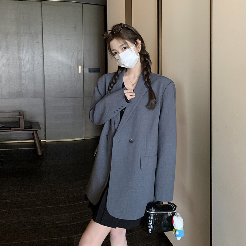 灰色休闲西装女春秋2025新款高级感韩版西服小个子学院风宽松外套,女装西装,2C166
