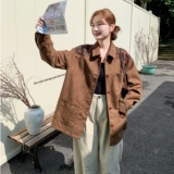 咖色复古设计感撞色刺绣拼接麂皮绒外套女2025秋新款淡人轻熟上衣，女装风衣，2C135