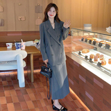 灰色条纹西装套装裙女2024年秋季新款高级感西服外套半身裙两件套，女装套装/套裙，2C115