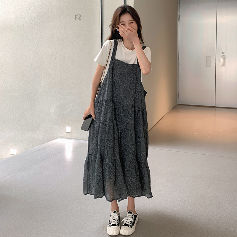 宽松慵懒风碎花背带连衣裙女夏2025年新款高级感吊带长裙两件套装图片