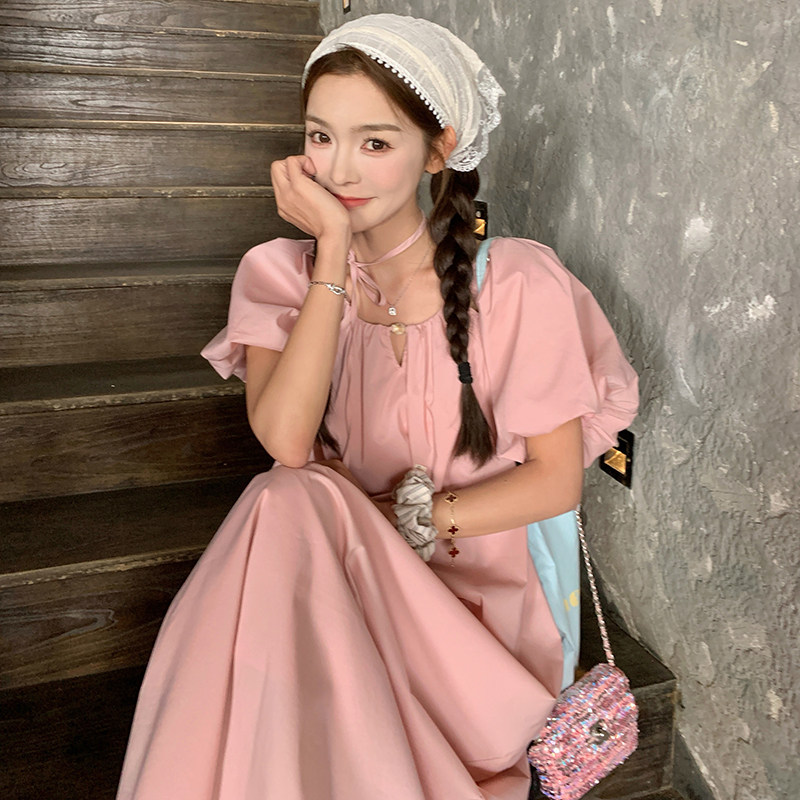法式复古甜美泡泡袖连衣裙女2025夏季新款韩版宽松显瘦桔梗长裙子,女装连衣裙,2C087
