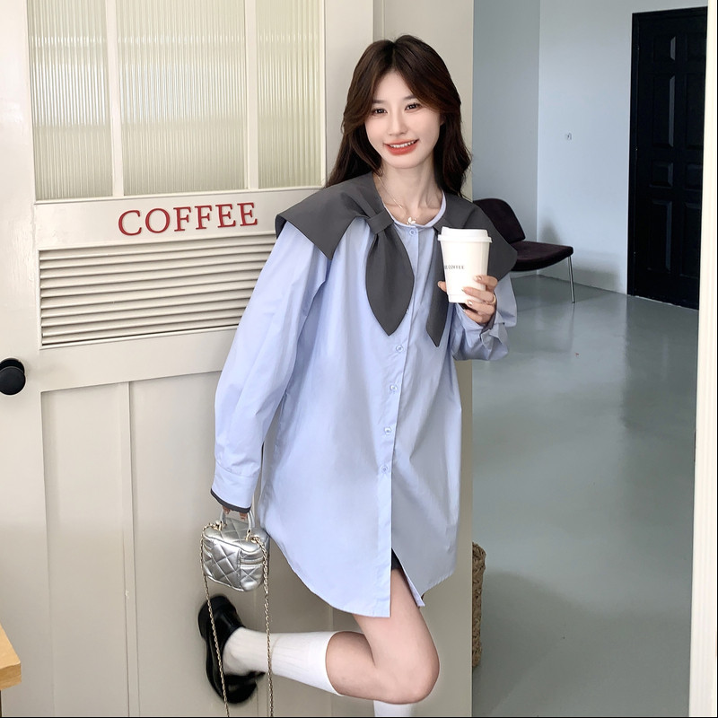 超好看拼接海军领长袖衬衫女2026秋季新款韩系甜美小个子连衣裙潮,女装衬衫,2C159