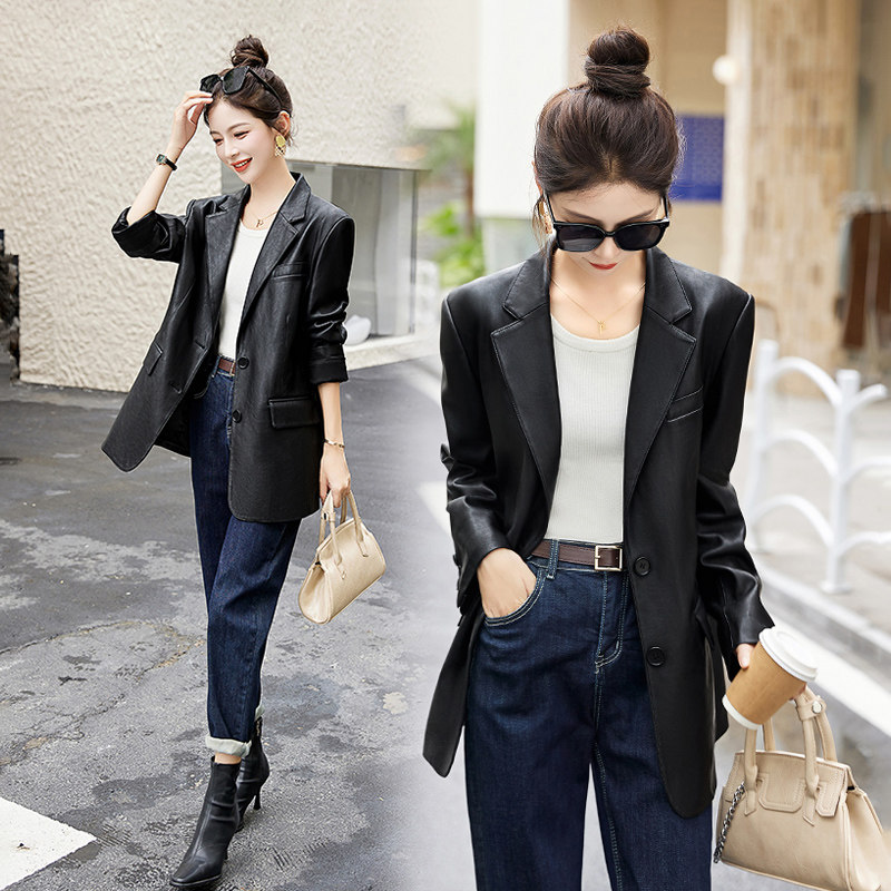 2025秋季新款大码黑色西装皮衣外套女炸街宽松休闲PU皮西服潮，女装皮衣，自然秀,女装皮衣,自然秀