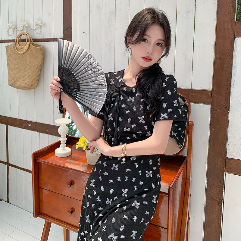 夏款新中式蝴蝶印花心机露背裙2C122-8839-P120-K180,女装连衣裙,2C122