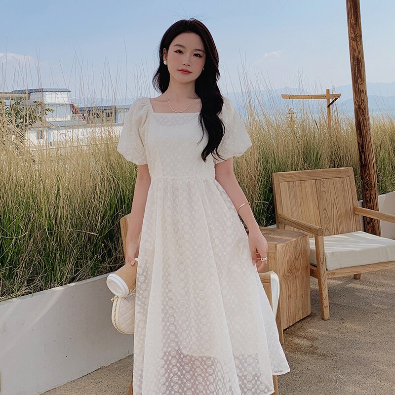 白色小众设计感蕾丝连衣裙女2023夏季新款法式温柔风高级感提花裙,女装连衣裙,2C010