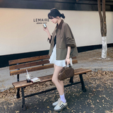 复古咖色灯芯绒拼接工装外套女2025春季新款休闲百搭宽松夹克上衣，女装短外套，2C206