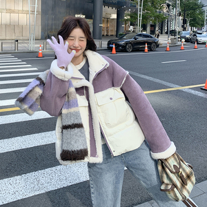 撞色羊羔毛拼接羽绒服女冬季新款韩系小个子保暖90白鸭绒面包服图片