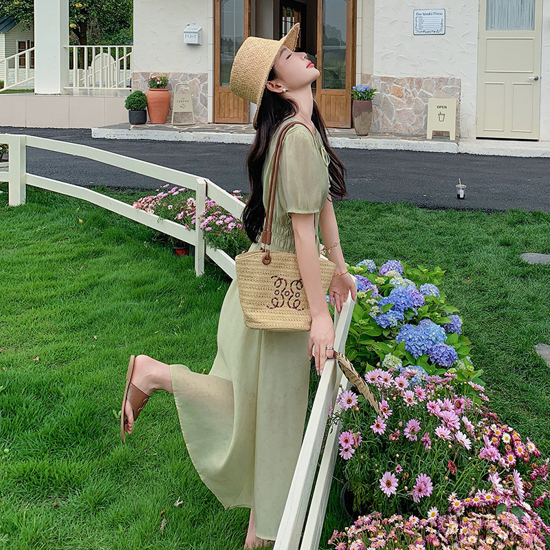 挂脖式高腰夏季V领拼接连衣裙仙女裙温柔风收腰气质裙子显瘦白色,女装连衣裙,2C215