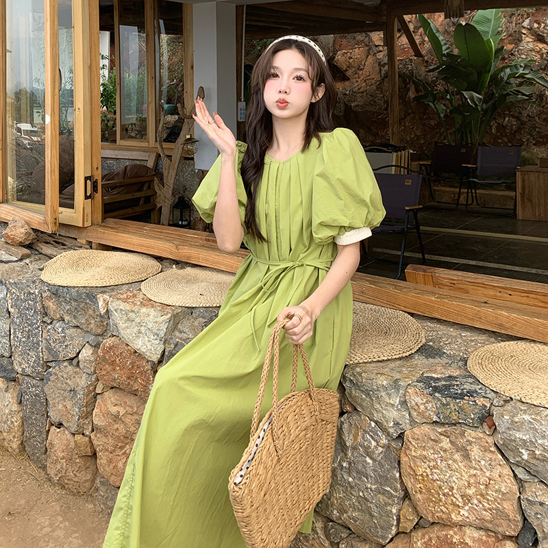 法式复古泡泡袖桔梗连衣裙女2025夏季新款韩版收腰显瘦茶歇长裙子图片