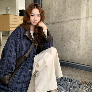 格纹拼接皮衣外套女2025秋高级感独特漂亮宽松休闲中长款pu皮大衣图片