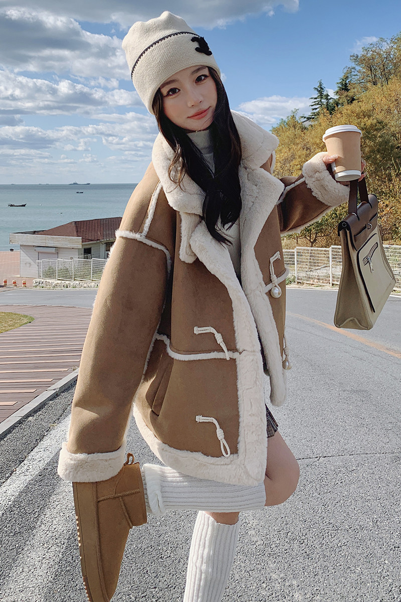 咖色高级感设计感宽松女保暖加厚鹿皮绒机车服3086-P185-K268,女装棉衣/棉服,2C166
