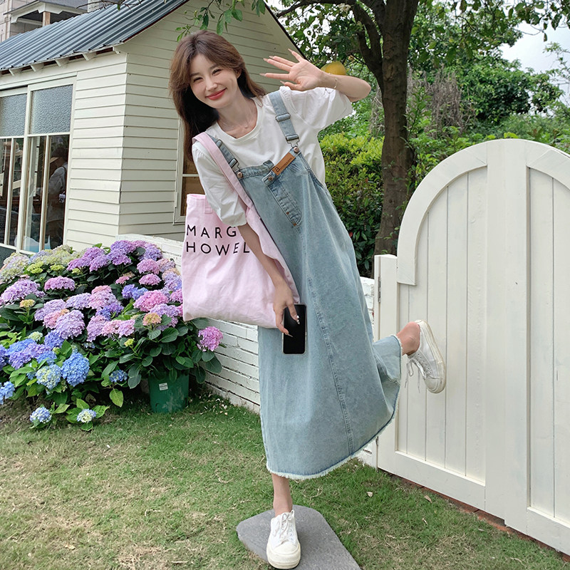 学院风牛仔背带裙套装女2025年夏季新款韩版宽松减龄连衣裙两件套图片