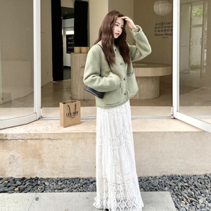 小香风绿色双面呢大衣外套女秋季2025新款小个子巨好看显瘦短款图片