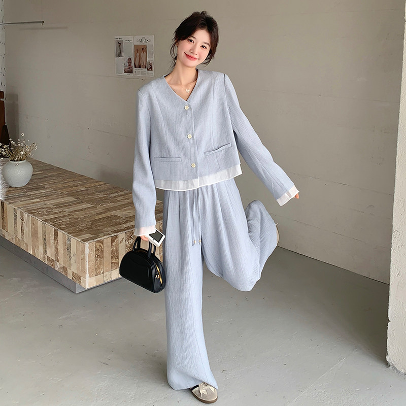 现货！2026秋装白色拼接蓝色休闲套装2C056-6887-P165控228,女装套装/套裙,2C056