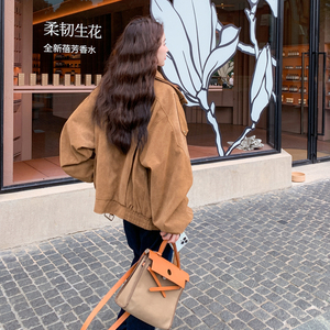 美拉德复古驼色麂皮绒外套女2026秋季慵懒风宽松机车炸街夹克上衣图片