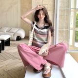 减龄撞色拼接条纹针织衫套装女夏季2025年新款阔腿裤两件套，女装套装/套裙，2C166
