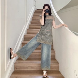 蕾丝新中式国风牛仔阔腿裤套装女夏改良爆款两件套超火巨好看流行图片
