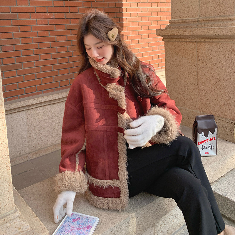 红麂皮绒皮毛一体外套女2024冬季新款加厚保暖羊羔毛棉服,女装皮草,2C098