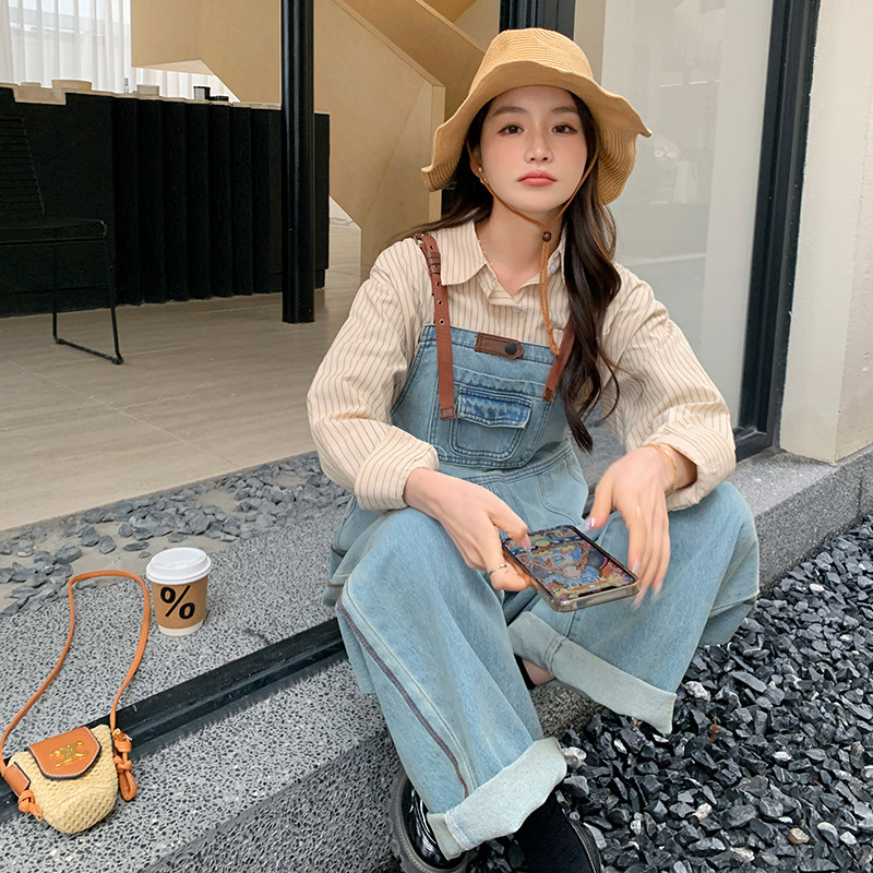 奶系牛仔背带裤女小个子2025春秋新款韩系设计感小众宽松休闲长裤图片