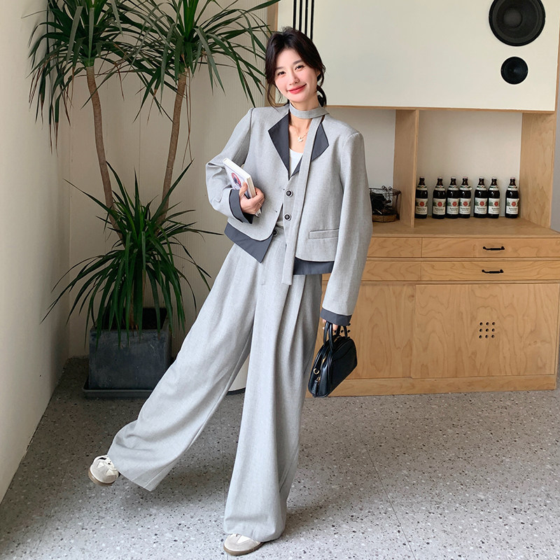 超火灰色V领西装套装女春秋2025新款ootd穿搭高级感阔腿裤两件套,女装套装/套裙,2C203
