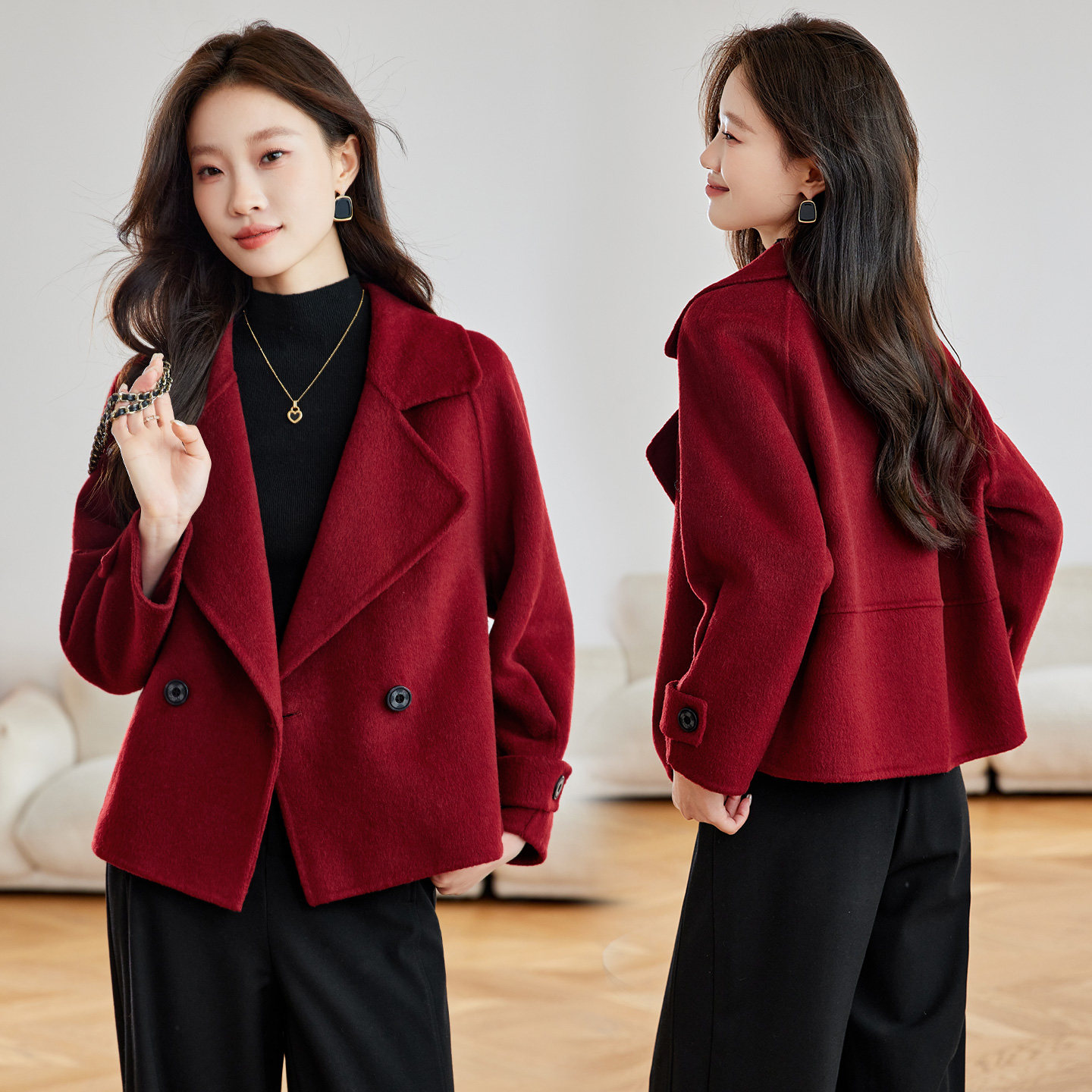 现货双面羊绒大衣女新款短款韩版宽松气质小个子羊毛呢外套图片