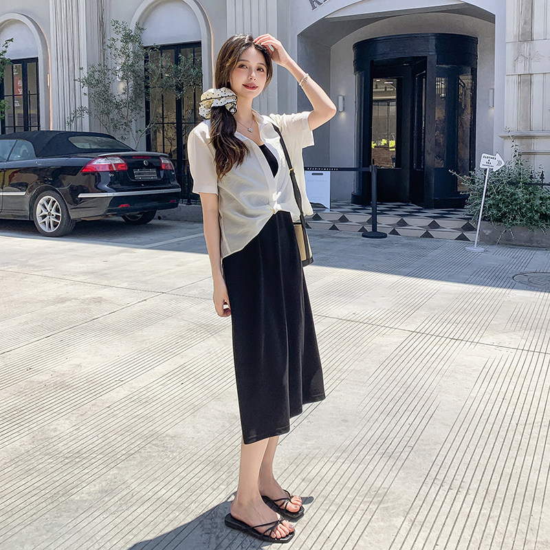 法式黑色吊带连衣裙衬衫两件套女2025秋季新款显瘦高级感长裙套装,女装连衣裙,安在秀