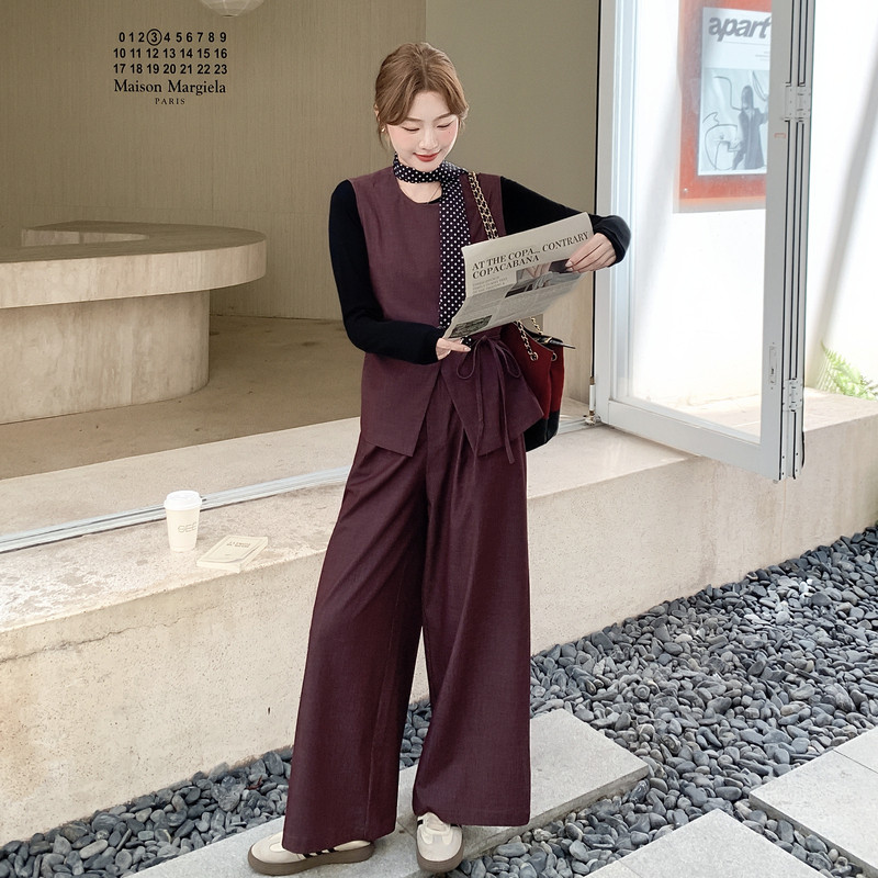 高级感复古气质马甲阔腿裤T恤套装女2025秋季新款时尚减龄三件套图片