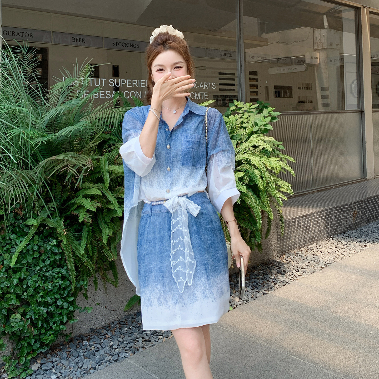 渐变蓝色假两件衬衫连衣裙女夏2025新款高级感巨好看流行超火爆款,女装连衣裙,2C332