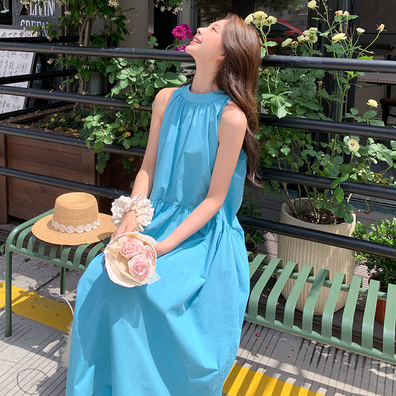 蓝色无袖背心长裙子女夏季高级感穿搭小个子法式超好看休闲连衣裙,女装连衣裙,2C218