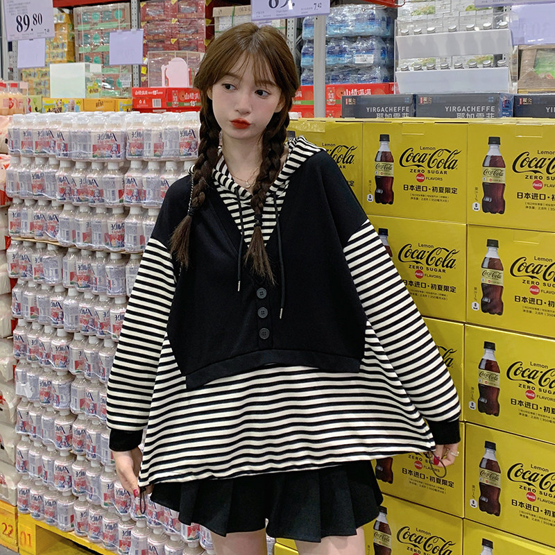(现货四个码)条纹拼接卫衣厚款升级2C373-D0910-P105K158,女装卫衣/绒衫,2C373