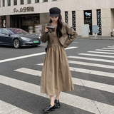 时髦假两件咖色西装领连衣裙女秋2025新款复古设计感pu皮拼接长裙，女装连衣裙，2C166