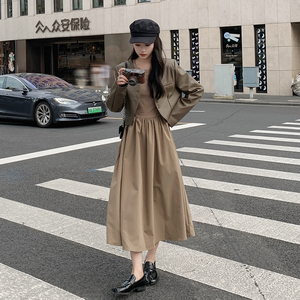 时髦假两件咖色西装领连衣裙女秋2025新款复古设计感pu皮拼接长裙图片