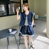 休闲时尚牛仔三件套女2025年夏新款拼接花边马甲条纹吊带短裤套装，女装套装/套裙，2D078