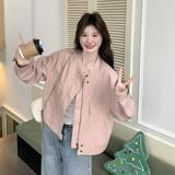 粉色立领皮衣外套女2025年新款春季chic韩系小个子机车风百搭夹克，女装皮衣，2C320