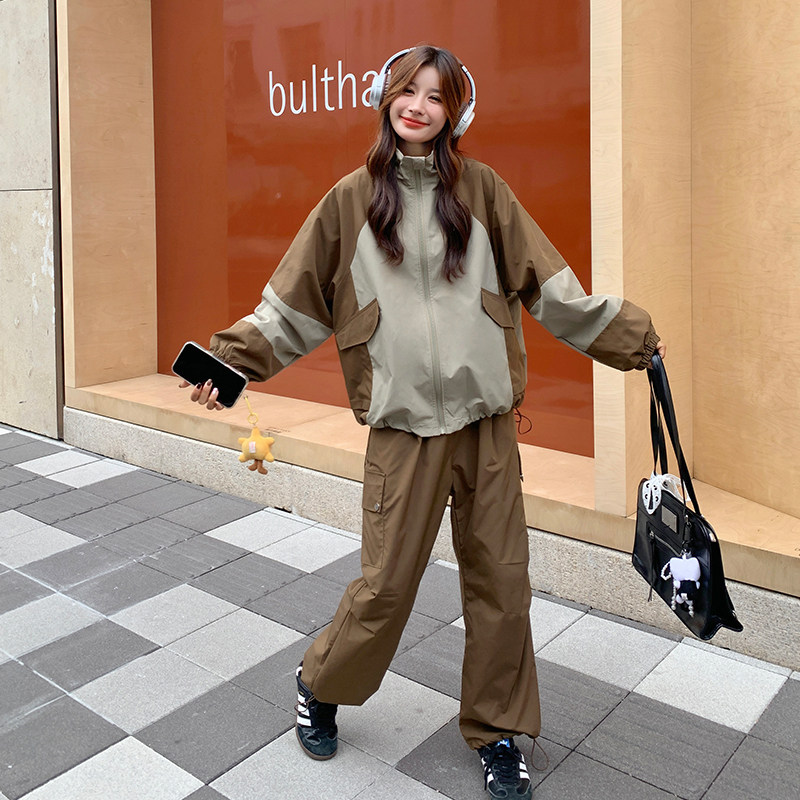 撞色拼接工装外套阔腿裤套装女2025春秋季新款韩版休闲显瘦两件套,女装套装/套裙,2C277