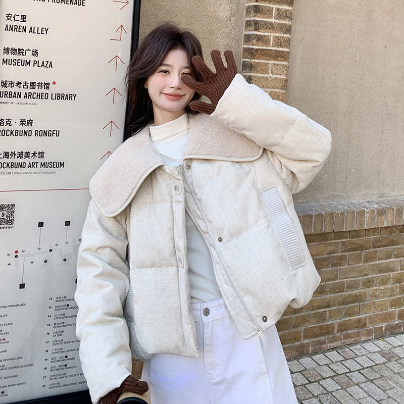 羊羔毛娃娃领烫钻羽绒服女冬季2024新款绝美小个子短款独特设计感,女装羽绒服,2C203