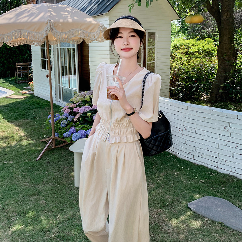 法式气质高级感v领上衣套装女2025夏季新款宽松显瘦阔腿裤两件套,女装套装/套裙,2C159