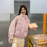 超好看黄色立领短款羽绒服女冬2024新款设计感毛呢拼接白鸭绒外套，女装羽绒服，2C126
