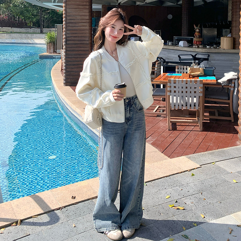 米白色设计感木耳边拼接棒球服女2026早春新款小个子休闲减龄外套,女装短外套,2C166