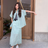 日系设计感宽松款衬衣背心三件套女夏季2025简约小清新半身裙套装，女装套装/套裙，2D109