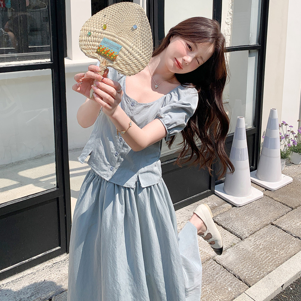 高级感小众蓝色套装裙女2025年夏季韩系显瘦上衣半身裙减龄两件套,女装套装/套裙,2C212