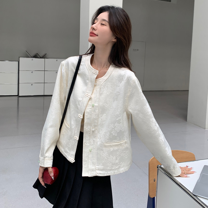 白色提花小香风国风外套女2025春季新款小个子新中式洋气百搭上衣,女装短外套,2D143