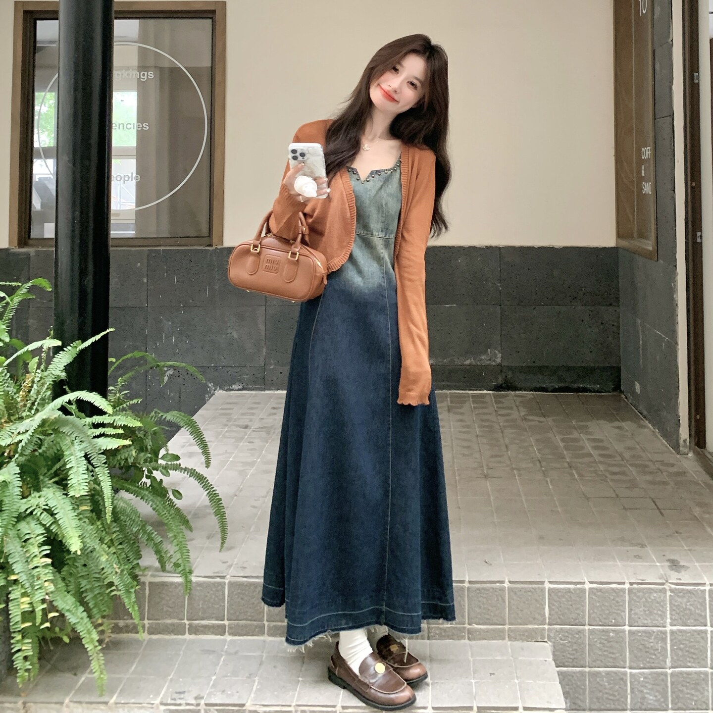 渐变色复古牛仔吊带连衣裙套装女2026秋巨好看针织开衫长裙两件套,女装套装/套裙,2C159
