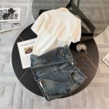 女夏季新款时尚潮流气质套装圆领彩色纽扣针织衫短袖牛仔裙两件套，女装套装/套裙，2C310