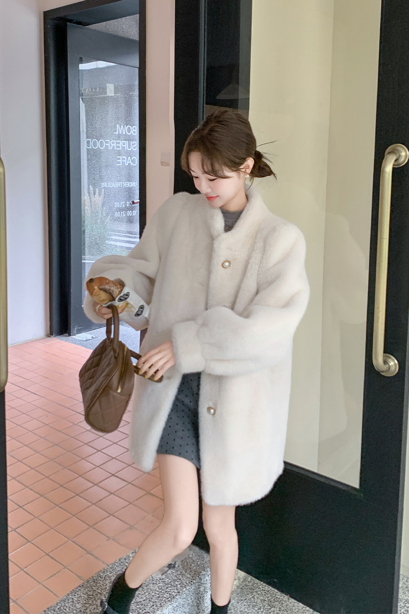 现货！2025冬装款仿貂毛中长款白色皮毛一体2C056-6839-P175控248,女装毛呢外套,2C056