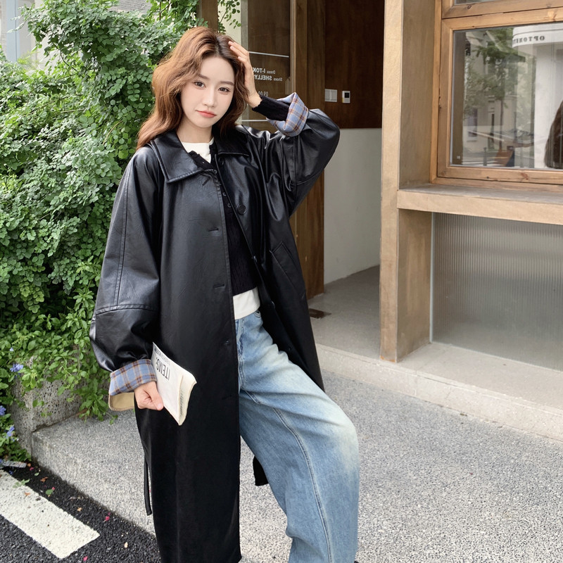 现货2026春格子拼接长款皮风衣外套2B233-9752-P175控238,女装皮衣,2B233