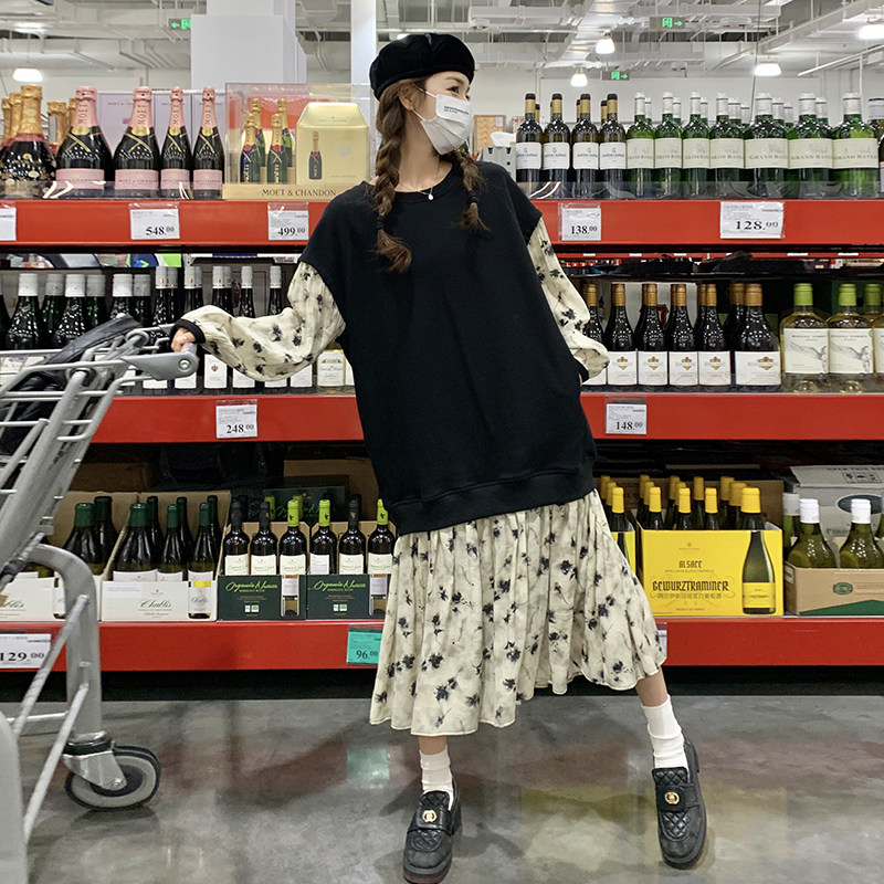 长袖T恤连衣裙女春秋2025年新款设计感小众碎花拼接假两件卫衣裙图片