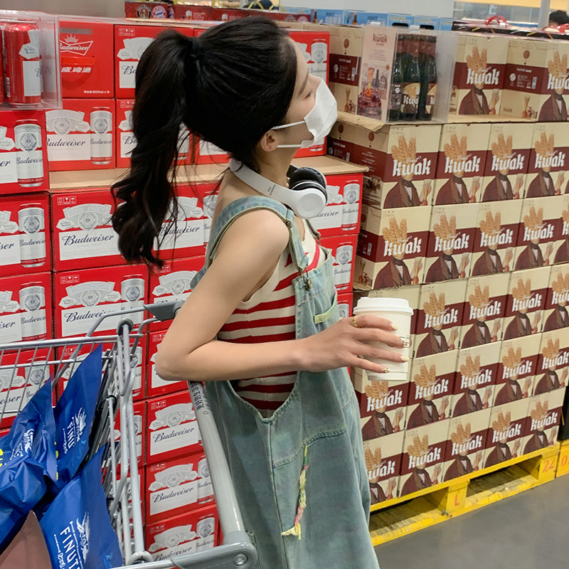 美式复古减龄牛仔背带裤女2023春季新款小个子宽松工装直筒阔腿裤,女装牛仔裤,2C292